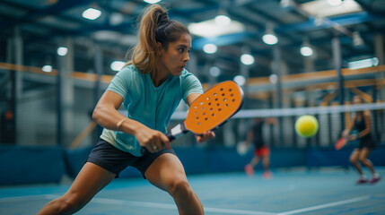 Dedicated Female Padel Pickleball  Player Engaged in a Competitive Indoor Match - Athletic Determination and Focus at Pickleball court - obrazy, fototapety, plakaty