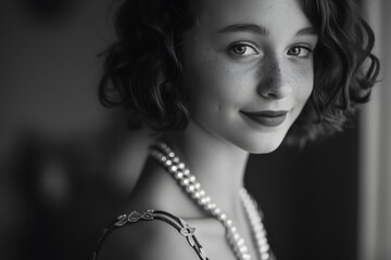 Classic Elegance: Young Girl with Pearls in Black and White