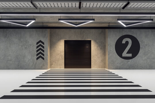 Modern industrial loft style building gate interior with black metal shutter door 3d render, There are white glossy floor and concrete wall decorated with black graphic element and neon light