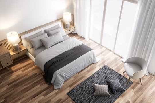 Top view of modern contemporary cozy bedroom 3d render , The rooms have wooden floors, decorated white bed, large window natural light into the room