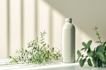 Reusable water bottle with plants on white background. Mockup, template for design. Ecology and zero-waste, green lifestyle. Minimalistic composition