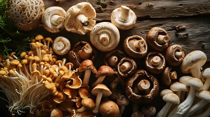 various types of mushrooms on wooden background