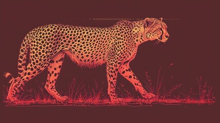  a drawing of a cheetah walking in a field of grass with red light coming from the side of the cheetah's head and the cheetah's tail.