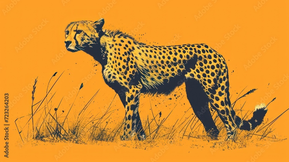 Poster a drawing of a cheetah standing in a field of tall grass with an orange sky in the background and a 