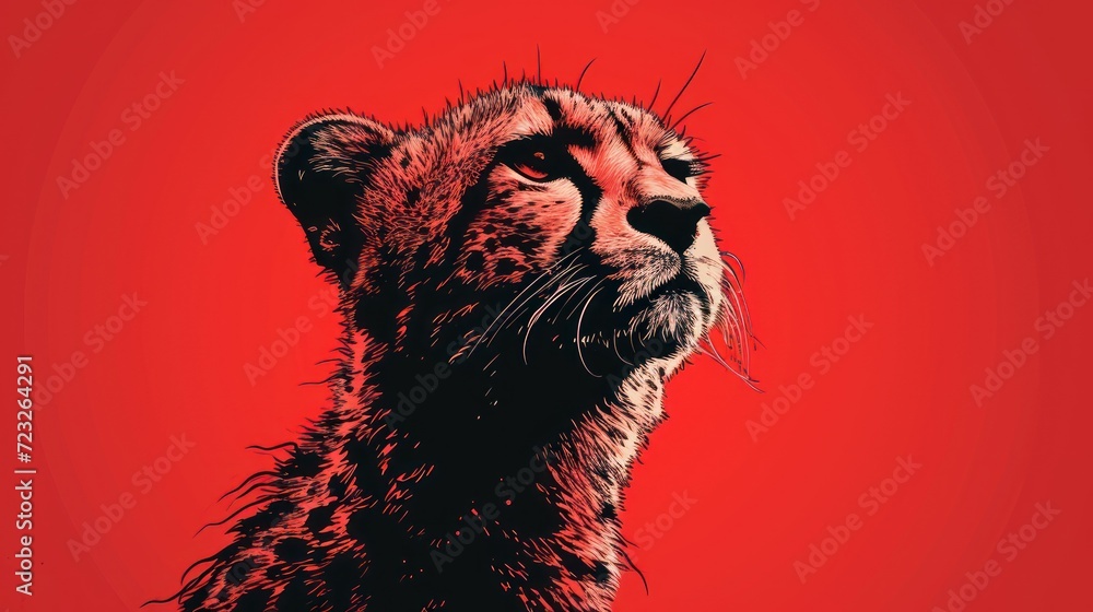 Poster a close up of a cheetah's face on a red background with a black and white image of a cheetah's head 