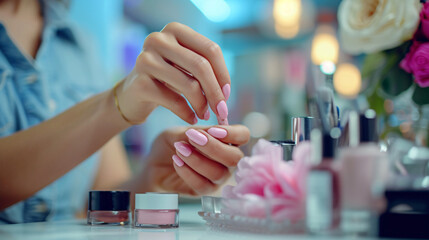 A manicurist skillfully applying nail polish in a bright stylish salon. - obrazy, fototapety, plakaty