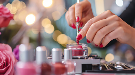 A manicurist skillfully applying nail polish in a bright stylish salon. - obrazy, fototapety, plakaty