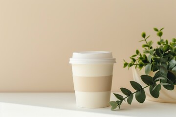 Obraz na płótnie Canvas Paper coffee cup with houseplant on beige background. Mockup, template for design. Ecology and zero-waste, green lifestyle. Minimalistic composition