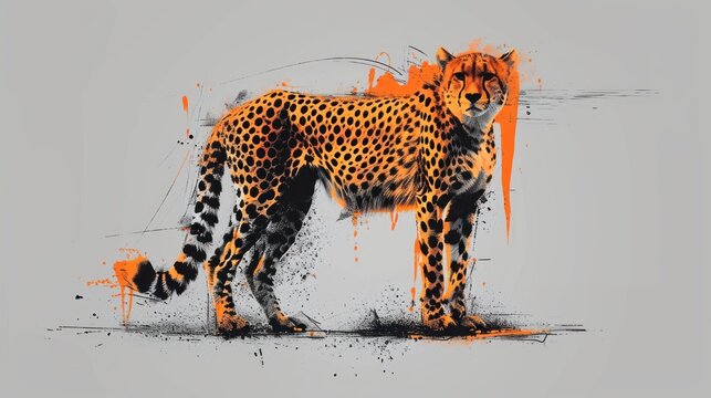  a painting of a cheetah with orange paint splatters on it's face and tail, standing in front of a gray background with orange and black spots.