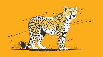  a drawing of a cheetah standing in front of a yellow background with a black spot on the bottom of the cheetah's head and the cheetah's tail.