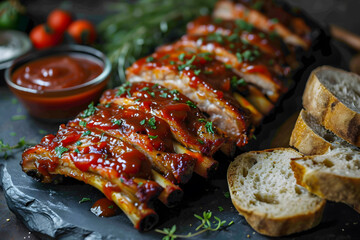 Savory Barbecue Ribs with Sticky Glaze and Fresh Parsley Garnish Served with Sliced Bread