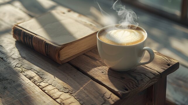 
Coffee and Book: A close-up image of a steaming cup of coffee next to an old book on a cracked pepper-colored wooden table