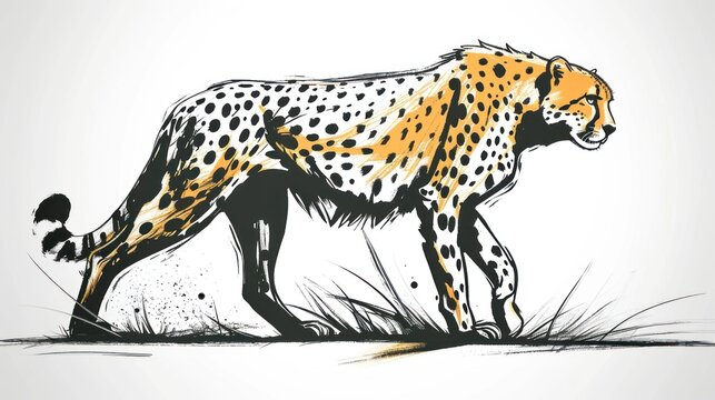  a drawing of a cheetah standing in the grass with a bird on the side of the image and a bird on the other side of the drawing of the image.