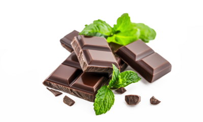 Piece of dark broken chocolate with green mint leaves creative pattern isolated on white transparent background, Top view and flat lay	