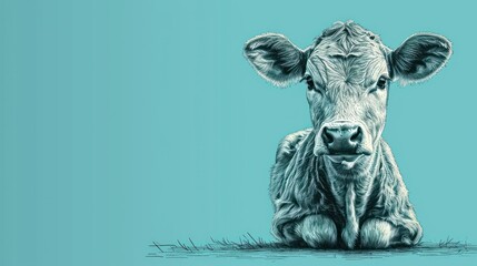  a drawing of a cow sitting on the ground with it's head resting on it's hind legs, looking at the camera, with a blue background.