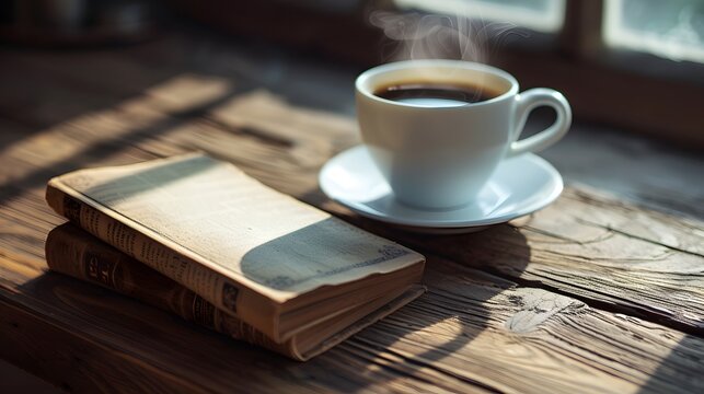 
Coffee and Book: A close-up image of a steaming cup of coffee next to an old book on a cracked pepper-colored wooden table