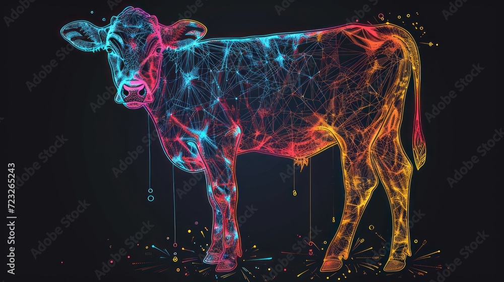 Poster a colorful cow standing in the middle of a black background with lines and dots in the shape of a co