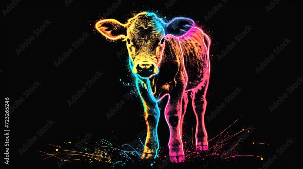 Poster a cow that is standing in the grass with colored paint on it's face and it's face is looking at the 
