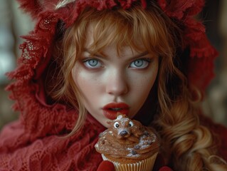 Mujer joven con capa roja, cup cake crema y chocolate con forma de lobo asustado, mirada penetrante, receta, arte conceptual, boceto recurso gráfico, similitud, miedo, desafiante, retos, logros - obrazy, fototapety, plakaty