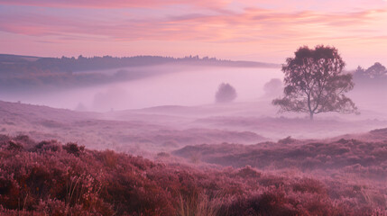 A misty moorland at dawn with heather and grasses covered in dew creating an ethereal atmosphere.