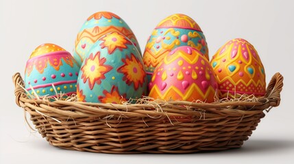 Cesta con asas, seis huevos de pascua pintados con colores vivos, con motivo de Pascua, recurso gráfico, gallina, pollos, duros, variopinto, arcoíris, juego temático, AIX generativo, fondo blanco