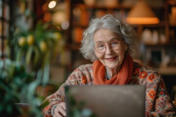 older woman smile face using a laptop