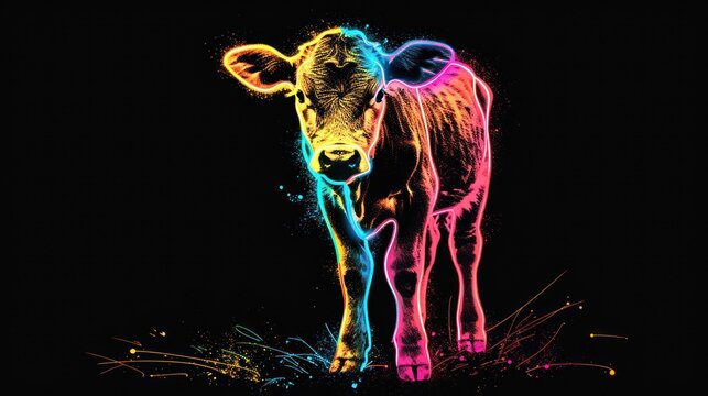  a cow that is standing in the grass with colored paint on it's face and it's face is looking at the camera and it's left side.