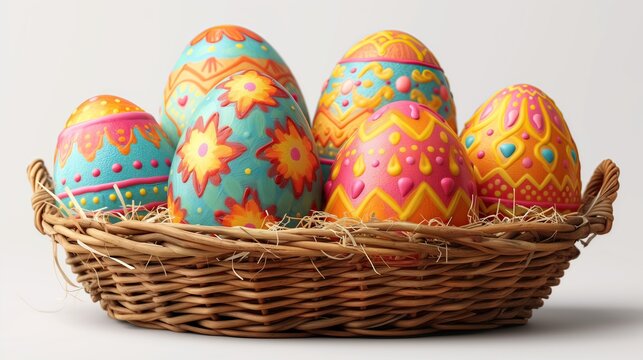Cesta con asas, seis huevos de pascua pintados con colores vivos, con motivo de Pascua, recurso gr&aacute;fico, gallina, pollos, duros, variopinto, arco&iacute;ris, juego tem&aacute;tico, AIX generativo, fondo blanco