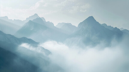 A misty morning in a mountain range. - obrazy, fototapety, plakaty