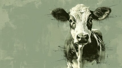  a black and white picture of a cow's face with a green background and a black and white picture of a cow's head in the foreground.