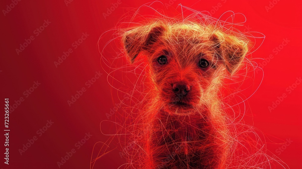 Poster a close up of a dog's face on a red background with a blurry image of a dog's face on the left side 