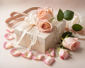 Romantic Valentine's Day Gift with Rose Petals, Lace Ribbons, and Aromatic Flowers in Luminous Natural Light Gen AI - 723265876