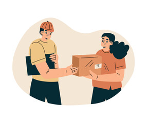 Man Delivery Courier Give Cardboard Box to Woman Customer Vector Illustration
