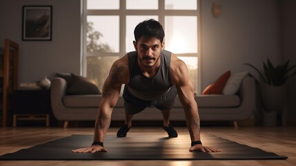 Fototapeta na wymiar Young arab man exercising on yoga mat strengthening abs muscles during domestic workout free space