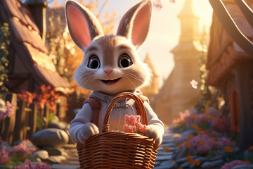 Cute Easter bunny is walking in the street of a small town with a basket in his hands - obrazy, fototapety, plakaty