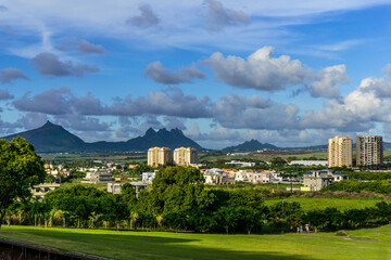 Moka mountain range and its summit Pieter Both viewed from a green park of a residential area of the town of Quatre Bornes, Mauritius
