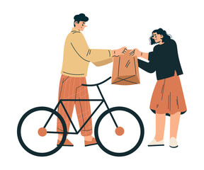 Man Delivery Courier on Bicycle Give Bag to Woman Customer Vector Illustration