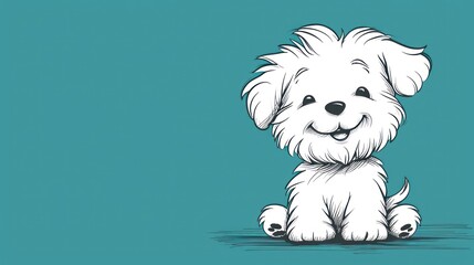  a small white dog sitting on top of a blue floor next to a blue wall with a small white dog sitting on top of it's legs in the middle of the floor.