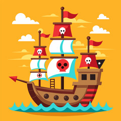 Pirate ship on the sea. Vector illustration in flat style on yellow background
