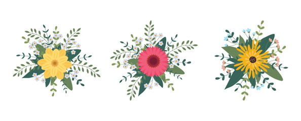 Set of flowers arrangement isolated on background. Flat illustration. Perfect for cards, invitations, decorations, logo, various designs - obrazy, fototapety, plakaty