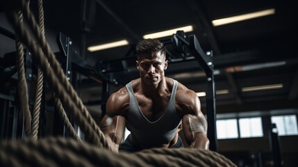 Fototapeta na wymiar Young healthy man, athlete doing exercise with the ropes in gym. single male model practicing hard and training his upper body. concept of healthy lifestyle, sport, fitness, bodybuilding,