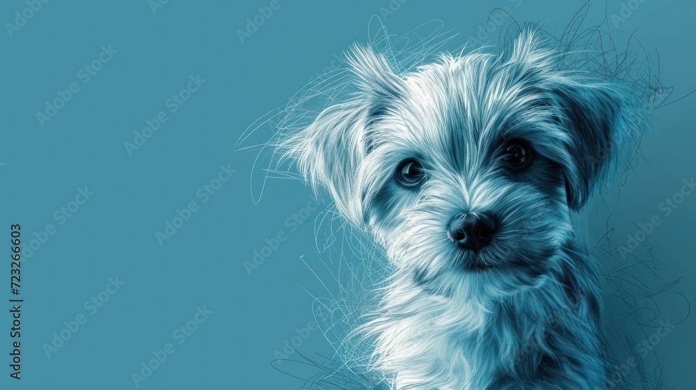 Poster a close up of a dog's face on a blue background with a blurry image of a dog's head in the middle of
