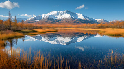 Autumn foliage and mountain reflection on a clear day