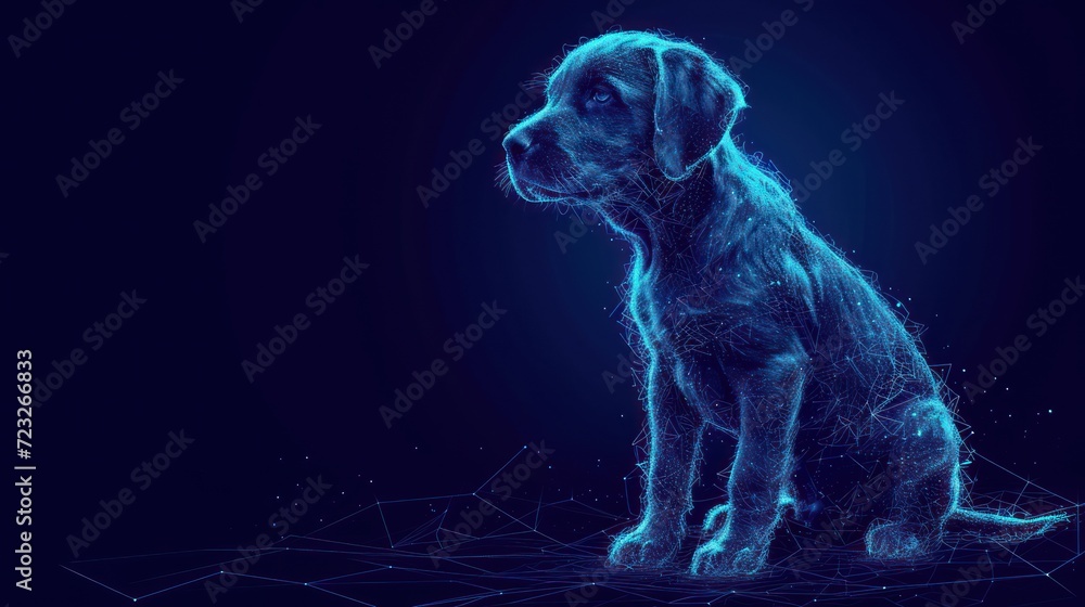 Poster a dog sitting in the middle of a blue background with lines and dots on the bottom of the image and 