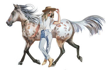 Watercolor hand painted cowgirl and horse clipart isolated on a white background. Wild West design. Ranch concept illustration. Woman and horse painting. © Victoria