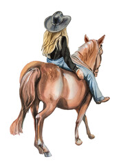 Watercolor hand painted cowgirl and horse clipart isolated on a white background. Wild West design. Ranch concept illustration. Woman and horse painting. © Victoria