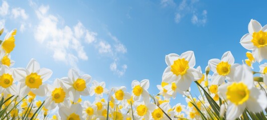 Easter floral flowers background panorama long landscape  - Beautiful blooming yellow daffodils (Narcissus pseudonarcissus), spring meadow field with blue sky
