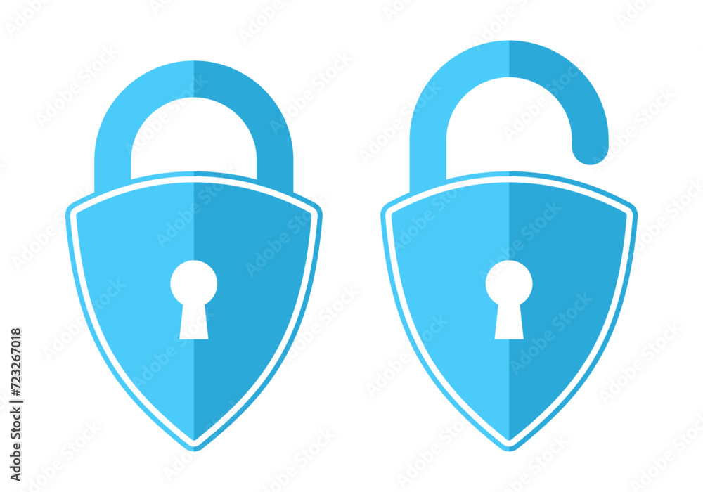 Poster security shield icon set lock and unlock with key hole in blue color concept design.