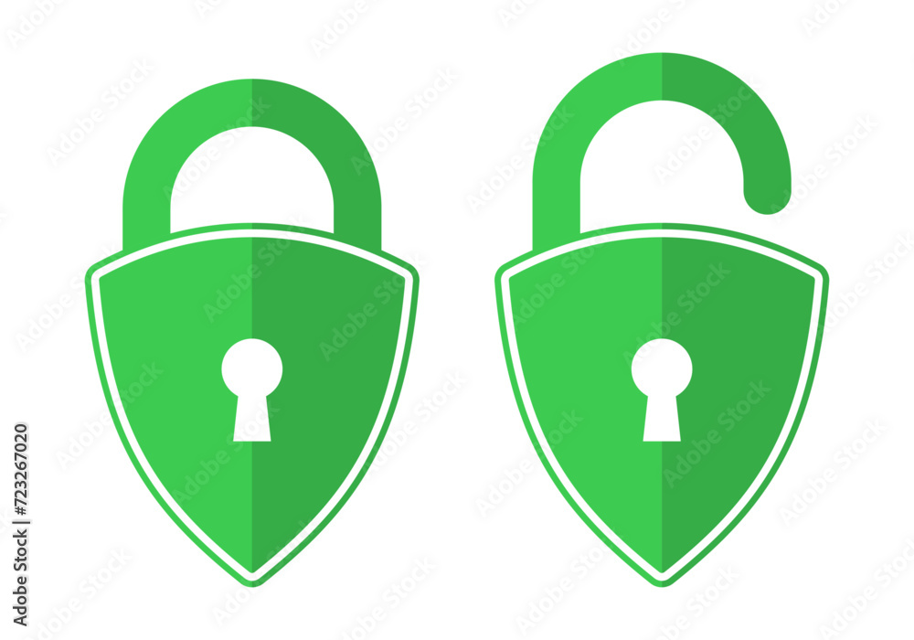 Poster security shield icon set lock and unlock with keyhole in green color concept design.