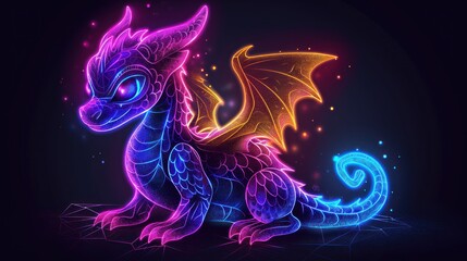  a blue and purple dragon sitting on top of a black surface next to a blue and purple background with a red dragon sitting on top of it's legs.